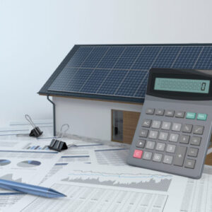 House,With,Photovoltaic,Solar,Panel,And,Calculator,And,Documents,-
